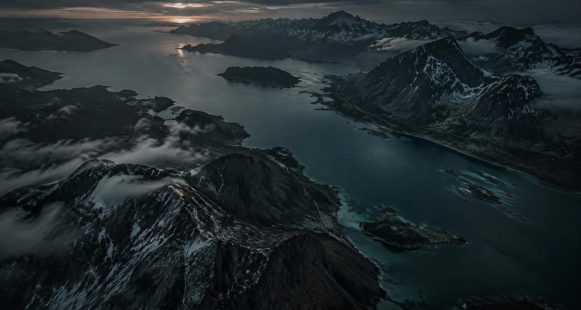 Aerial reconnaissance view of mountainous coastal terrain